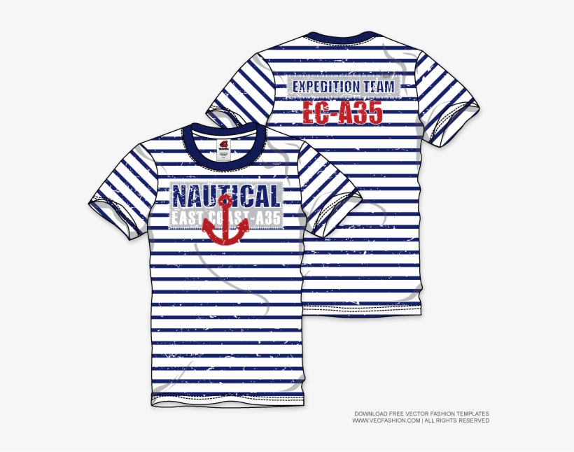 Mens Nautical Round Neck T Shirt Vector Template - T-shirt, transparent png #3370561
