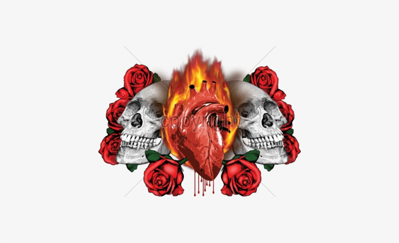2 Skulls Flaming Heart - T Shirt Royal Blue Gothik Tattoo Greaser, transparent png #3387685