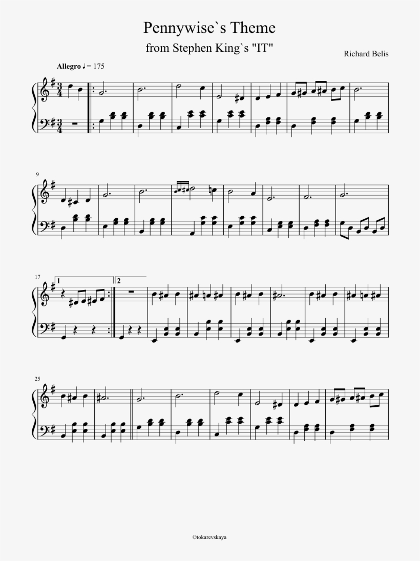 Pennywise`s Theme Sheet Music Composed By Richard Belis - Sheet Music, transparent png #349980