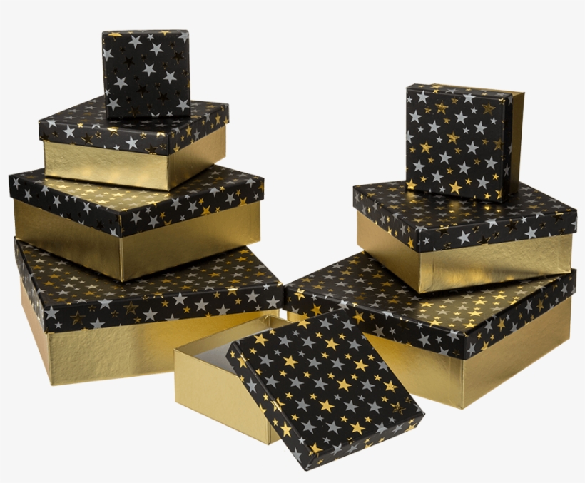 Caja De Regalo Negra Con Estrellas Plateadas/doradas - Caja Negra Con Estrellas, transparent png #3469344