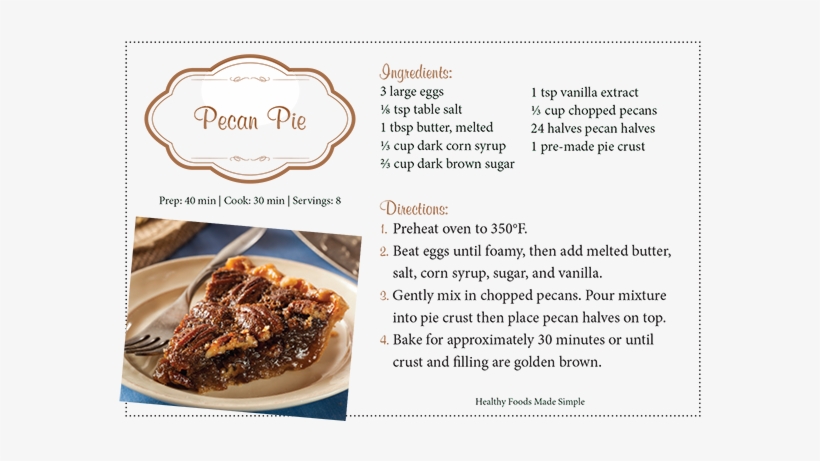 Top 5 Favorite Pies - Pecan Pie Recipe Card, transparent png #3475054