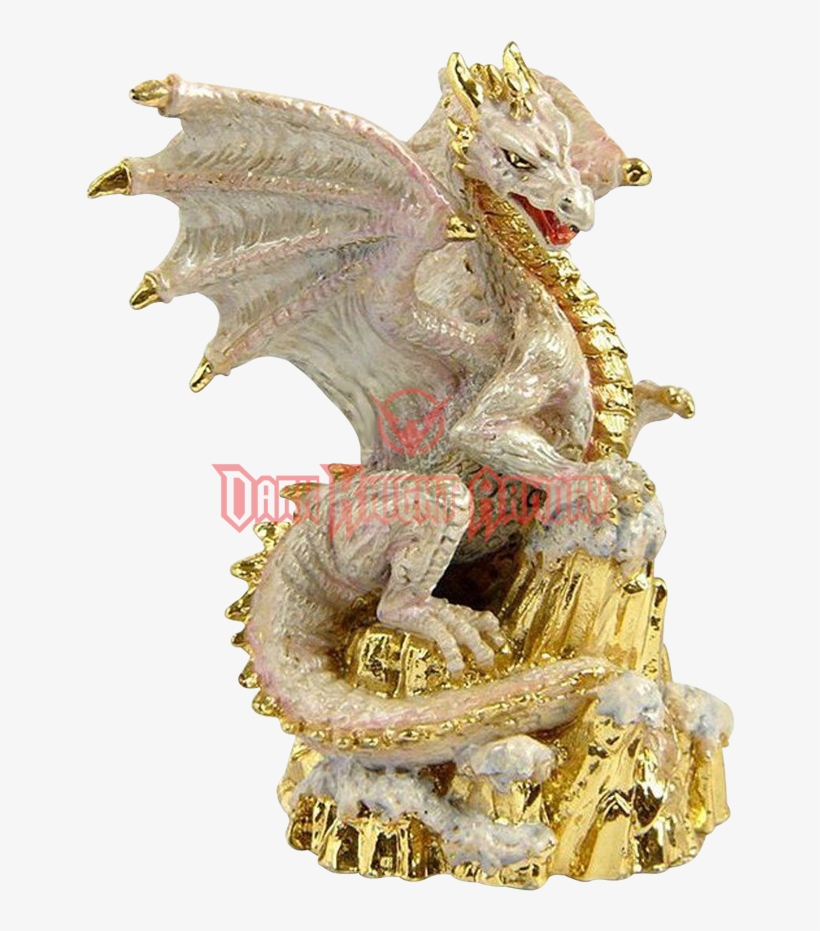 White And Golden Snowy Dragon Statue - White Dragon On Top Of A Snowy Peak Sculpture, transparent png #3492813