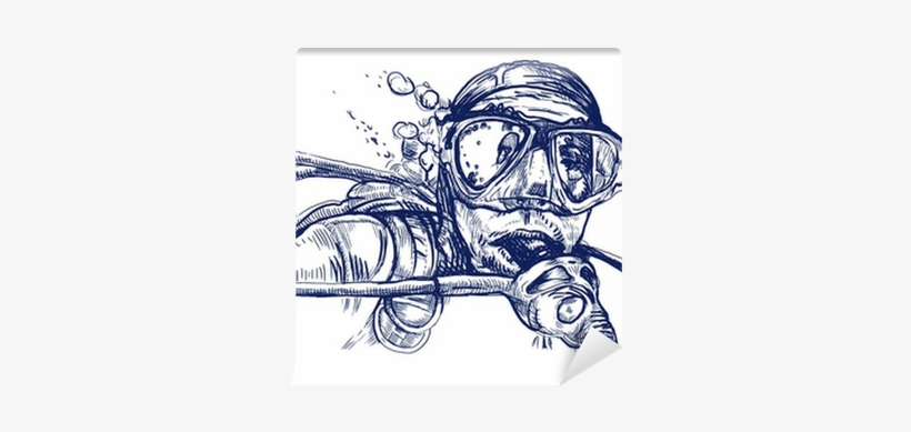 Alarmed By The Diver, Hand Drawing Converted To Vector - Scuba Diver Mask Black Vinyl Sticker Wall Art, transparent png #352415