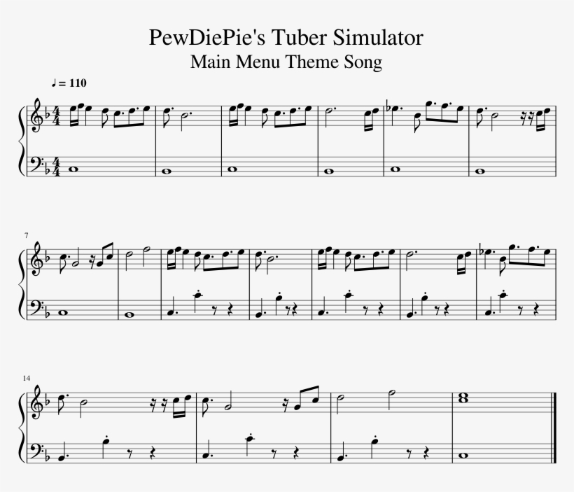 Pewdiepie's Tuber Simulator Main Menu Theme Song Sheet - Pewdiepie Piano Song Sheet Music, transparent png #354367