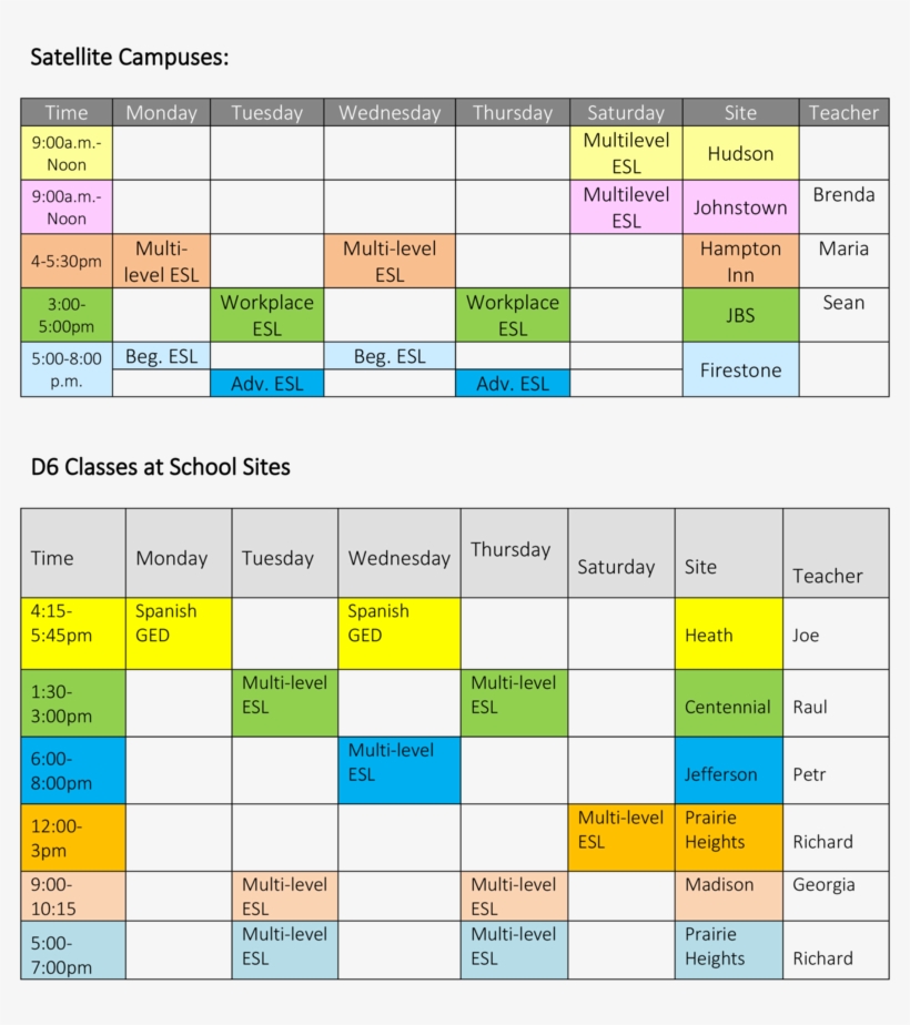 Class Schedule Adult Esl For Fall 2018final-1 - Portable Network Graphics, transparent png #3514207