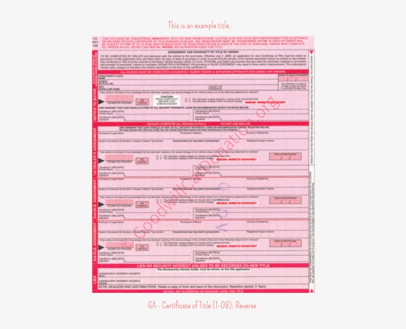 Ga Certificate Of Title 1 08 Reverse - Document, transparent png #3514701