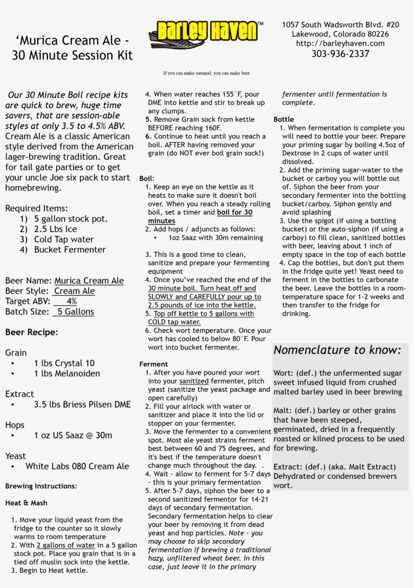 Cream Ale Beer Brewing Recipe Instruction Sheet - Document, transparent png #3521207