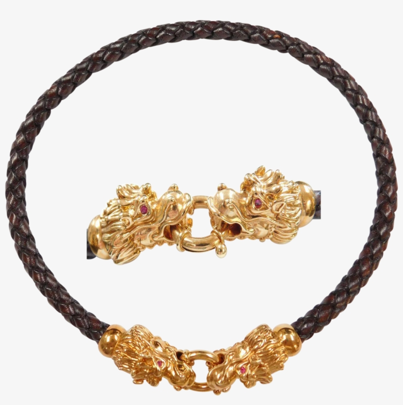 18k Yellow Gold Dragon Brown Braided Leather Cord Necklace - Necklace, transparent png #3549588