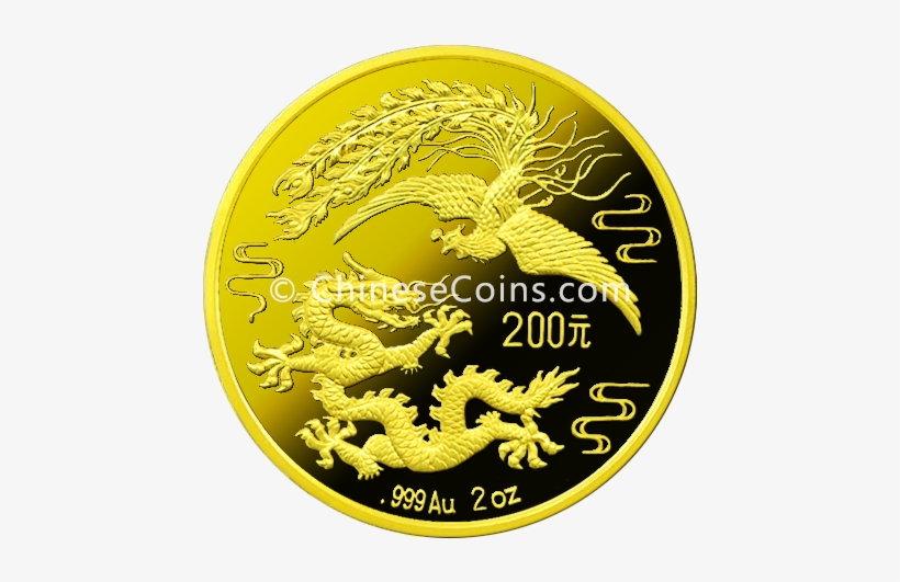 China 1990 2oz Gold Dragon Phoenix Coin Rev - Dragon Phoenix Gold Coin, transparent png #3549613