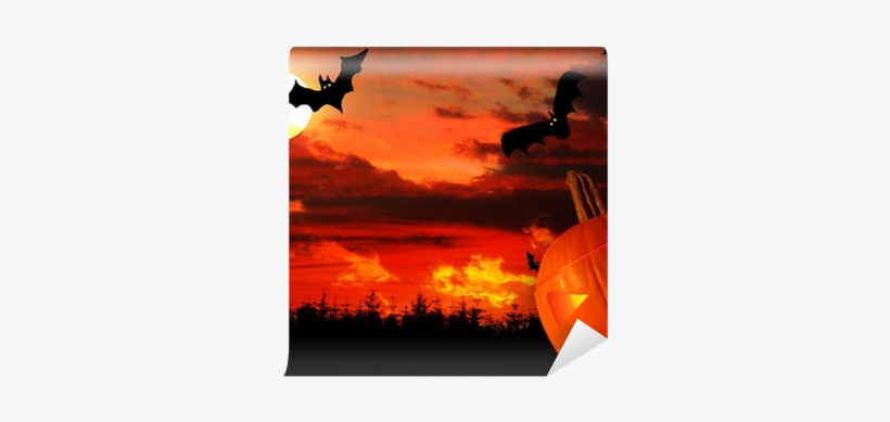 Halloween Background With Flying Bats And Evil Pumpkin - Halloween, transparent png #3565943