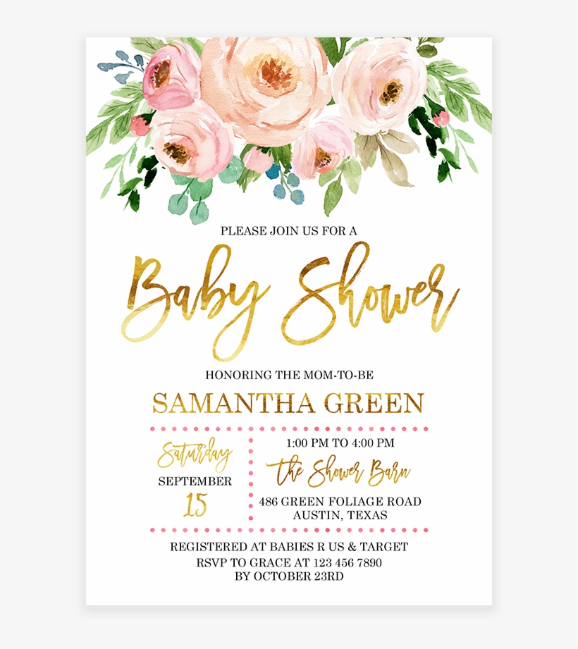 Pink And Gold Floral Baby Shower Invitation Printable - Flower Pink And Gold Png, transparent png #3593192