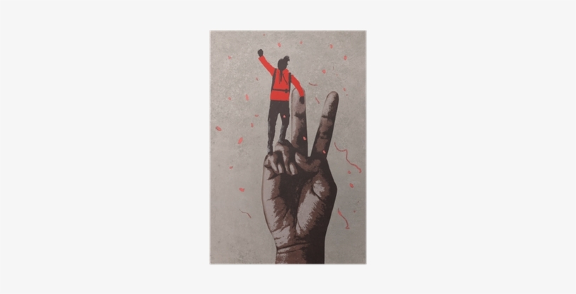 Big Hand In Victory Sign And Man With Arm Raised,illustration - Hombre Con Mano Grande, transparent png #3593539