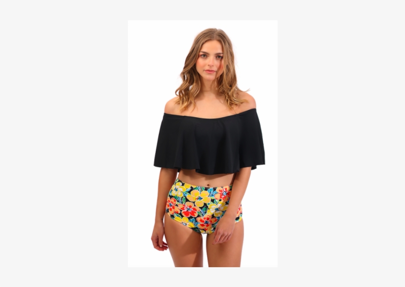 Bikini De Top Negro Y Calzón Floral - Bikini, transparent png #3599666