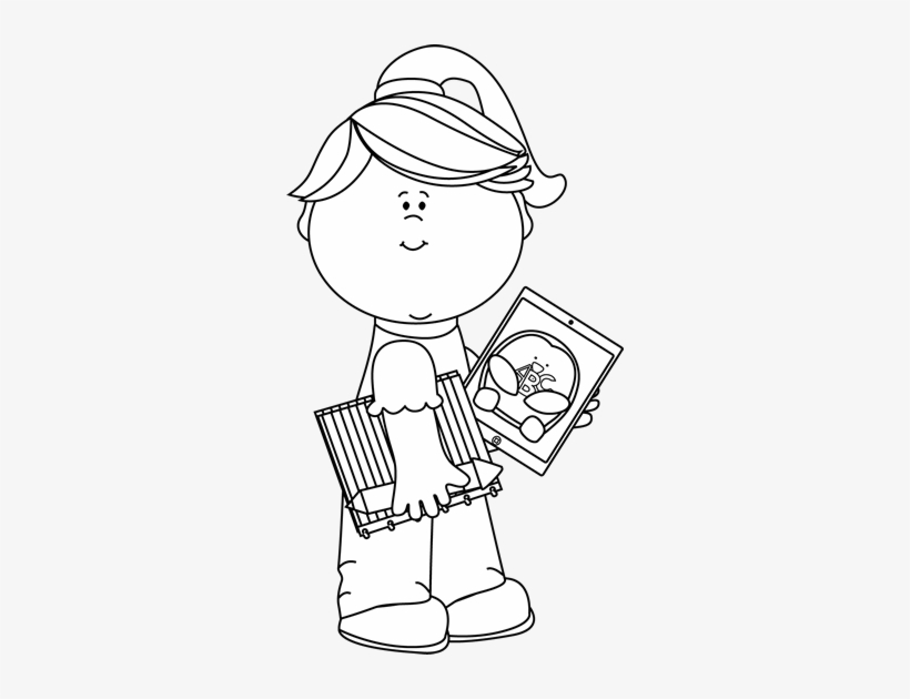 Black And White Girl With School Supplies And Tablet - Playing Guitar Clipart Black And White, transparent png #3628347