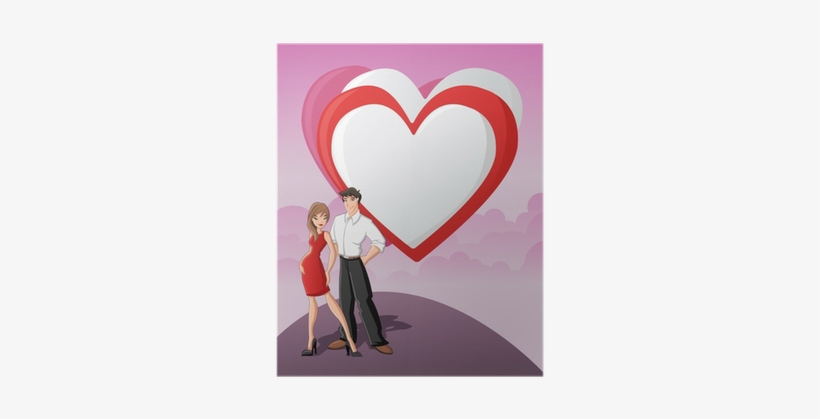 Cartoon Young Love Couple With A Big Red Heart Poster - Cartoon, transparent png #3640369