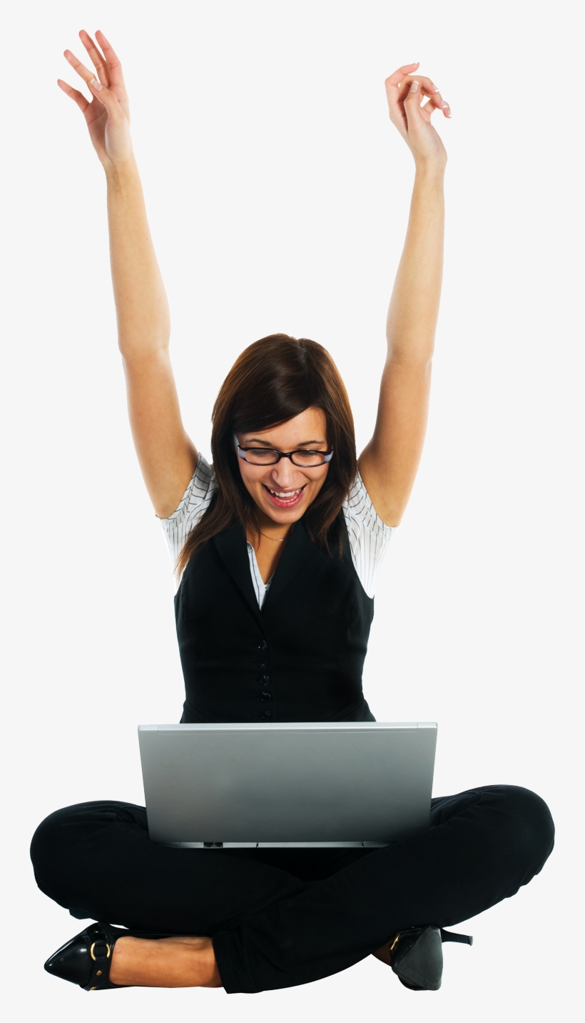 Photo Of Woman Celebrating With Laptop - Sitting, transparent png #3642749