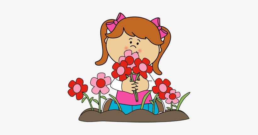 Girl Picking Valentine's Day Flowers Clip Art - Girl With Flowers Clipart, transparent png #3670152