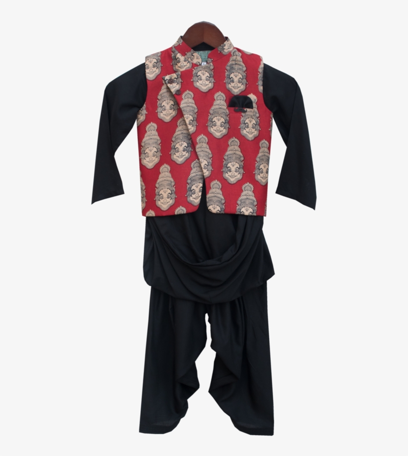 Red Printed Nehru Jacket With Black Kurta & Salwar - Kurta, transparent png #3670458