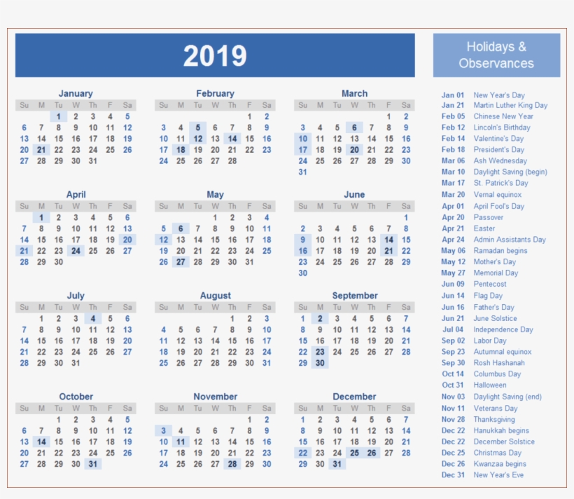 Uae Calendar 2019 With Holidays, transparent png #3681134