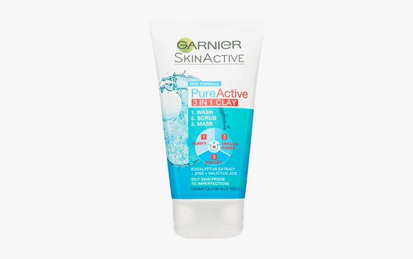 Pure Active 3 In 1 Clay Mask Scrub Wash Oily Skin - Garnier Moisture Bomb Super Recharging Night Gel Cream, transparent png #3696675