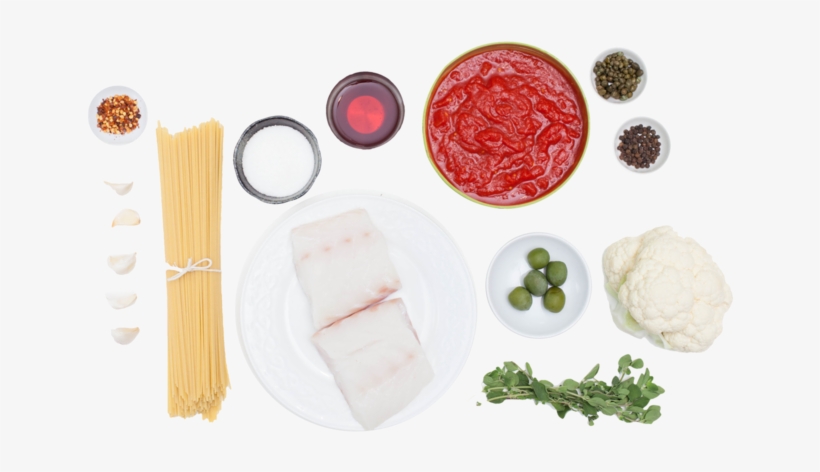 Spicy Cod Puttanesca Pasta With Spaghettini & Pickled - Spaghetti Ingredients Top View Png, transparent png #374224