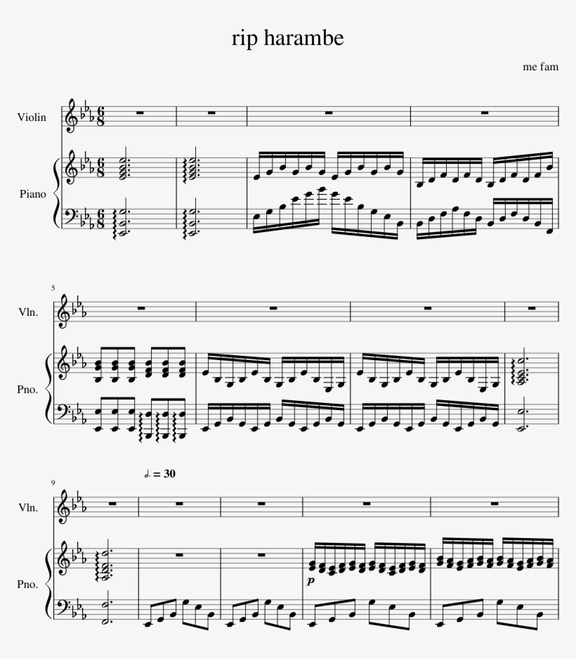 Rip Harambe Sheet Music Composed By Me Fam 1 Of 2 Pages - Sheet Music, transparent png #374321