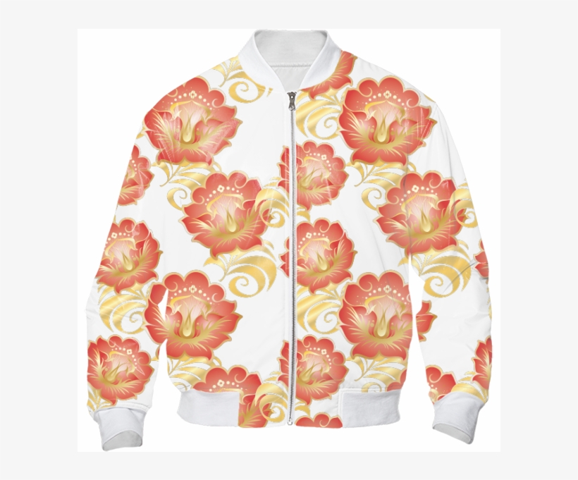 Large Abstract Flowers In Chinese Red & Gold Bomber - Rose, transparent png #3719971