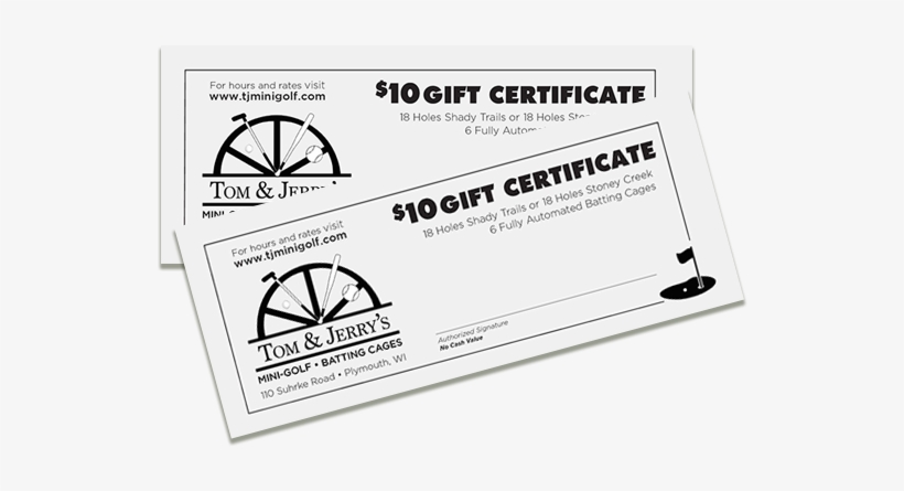 Gift Certificates For Tom & Jerry's Mini Golf & Batting - Tom & Jerry's Mini Golf, transparent png #3723525
