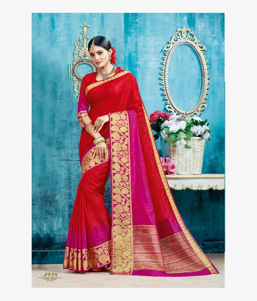 Shaded Blurred Red And Fuscia Designer Silk Saree - Silk, transparent png #3726731