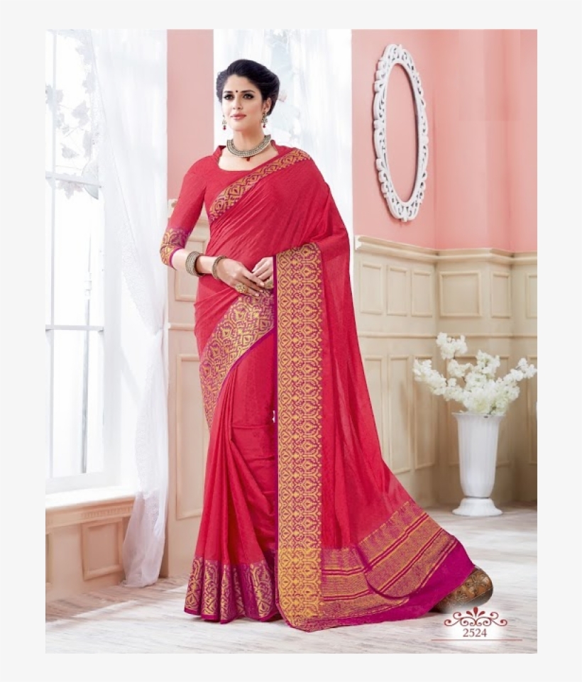 Crepe Silk Saree With Golden Zari Border - Silk, transparent png #3727655