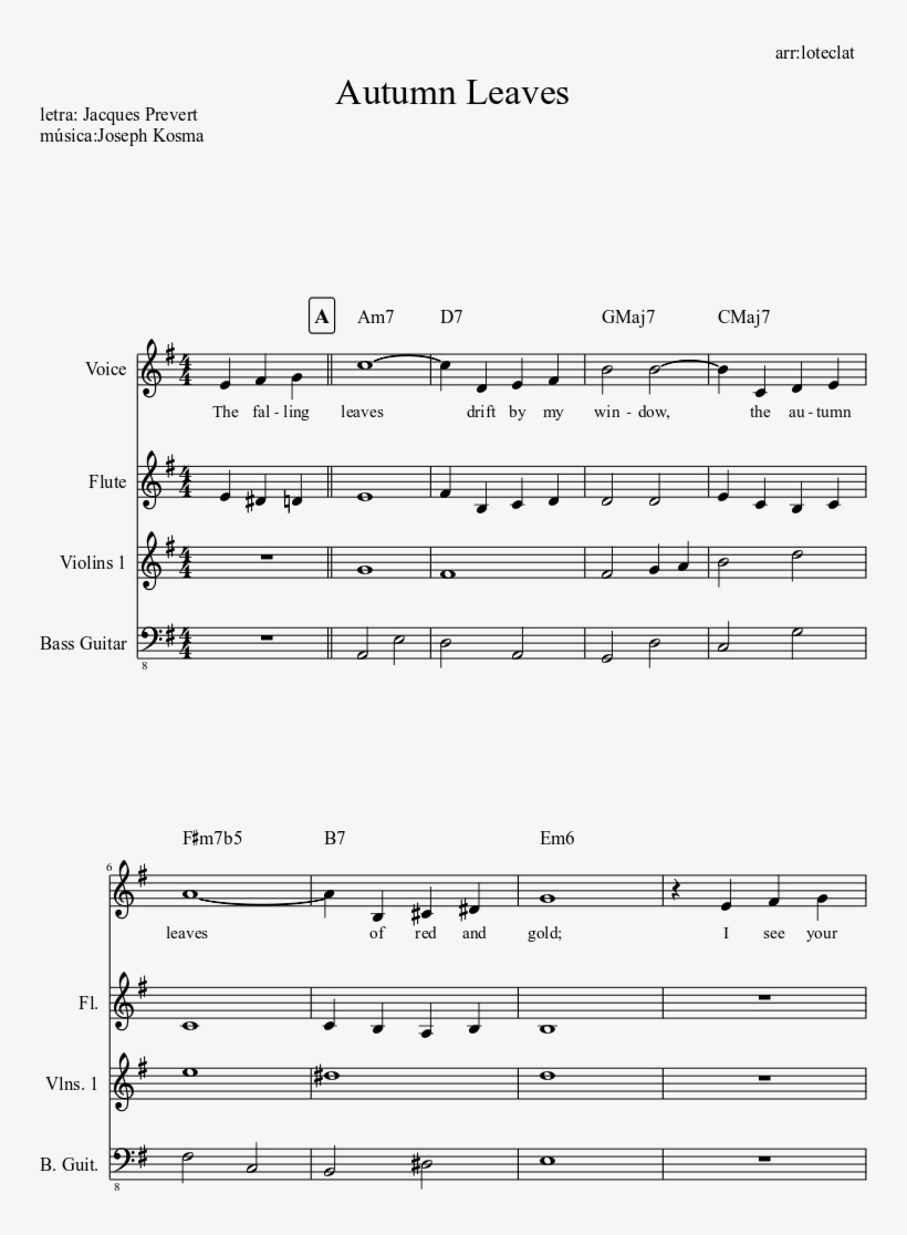 Autumn Leaves Sheet Music Composed By Arr - Autumn Leaves Violin Notes, transparent png #3759349
