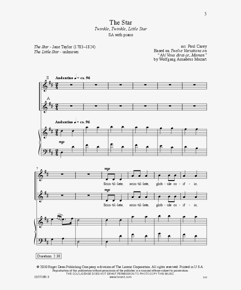 Mozart Twinkle Twinkle Little Star Sheet Music - Noten Irish Blessing Violine, transparent png #3794478