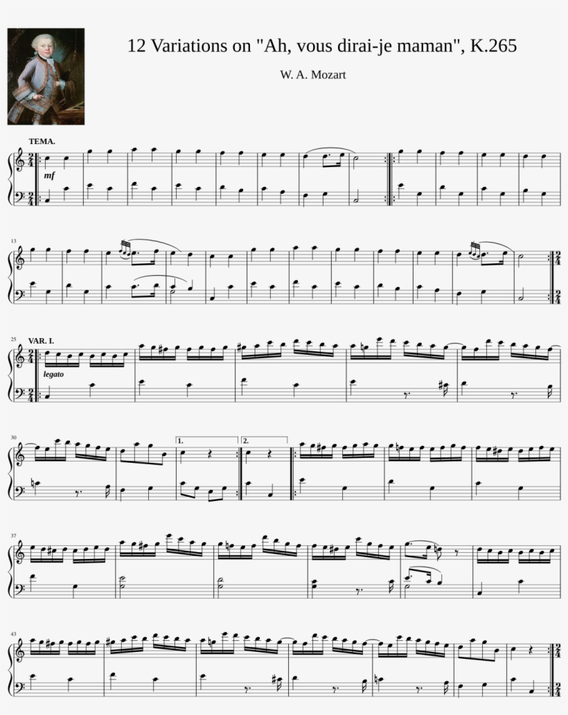 Mozart Twinkle Twinkle Little Star Sheet Music - Ah Vous Dirai Je Maman Mozart Variation 2, transparent png #3794620