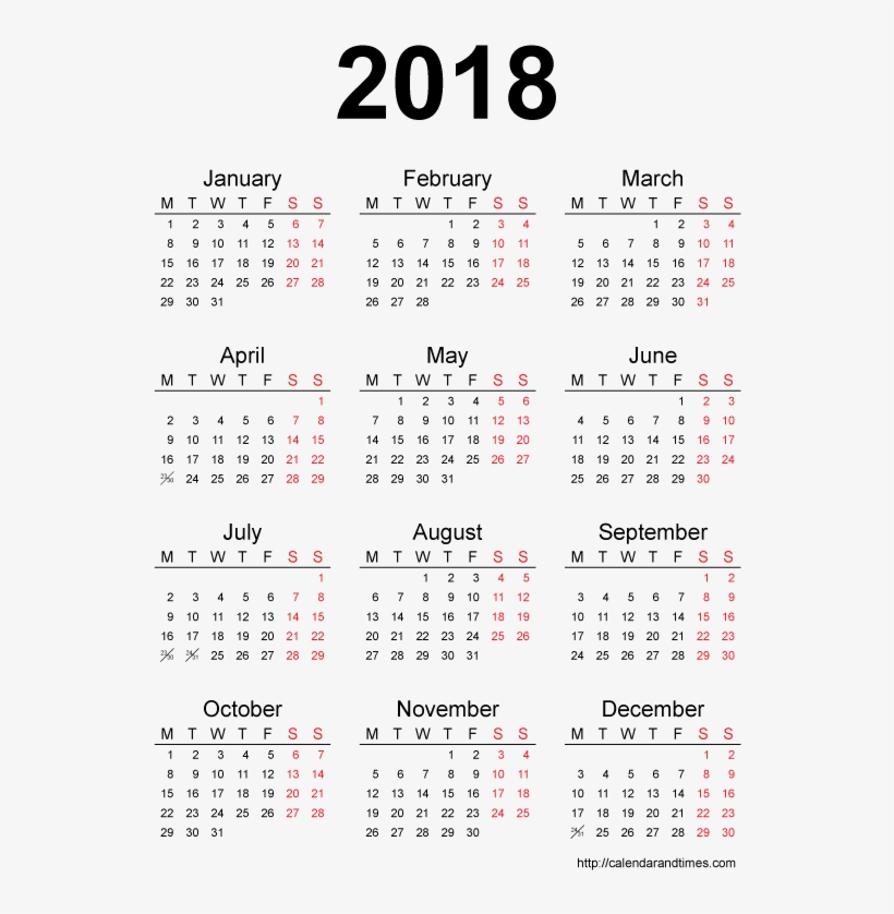 Calendar 2018 Printable One Page - Calendar, transparent png #389625