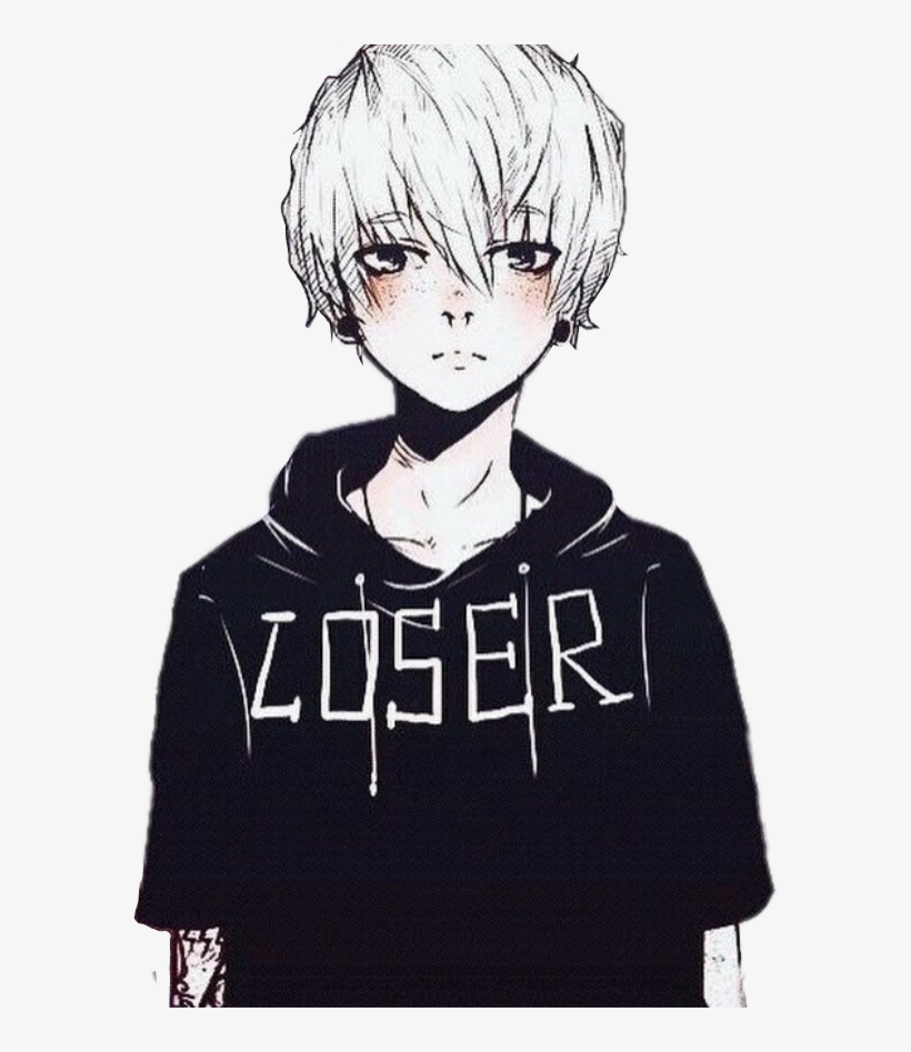 Animeboy Anime Boy Piercing Black Loser Whitehair - Anime Boy Black And White, transparent png #3860594