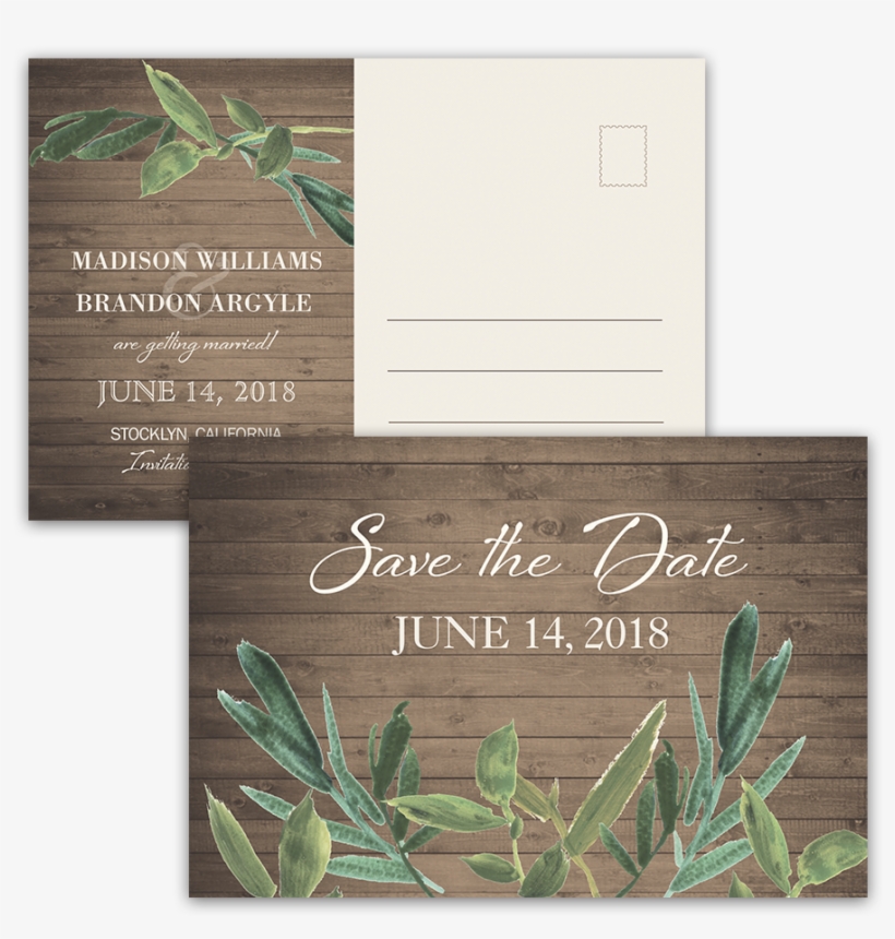 Rustic Barn Wood Greenery Save The Date Postcard - Save The Date, transparent png #3867763