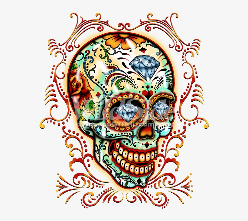 Sugar Skull With Pinstripes - Dia De Los Muertos Diamond Colorful Painted Skull Day, transparent png #3879887
