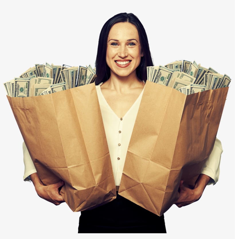 Woman Holding To Grocery Bags Full Of Money - Woman Holding Paper Bag, transparent png #3885757