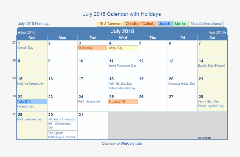 July 2018 Printable Calendar With Us Holidays Including - July 2018 Calendar With Holidays, transparent png #390094