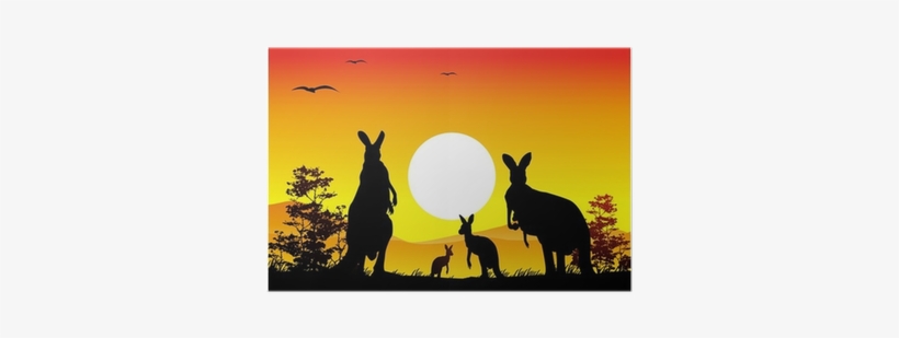 Australia Sunset With Kangaroo Family Silhouette Poster - Bouncy Knock Knock Jokes, transparent png #393386