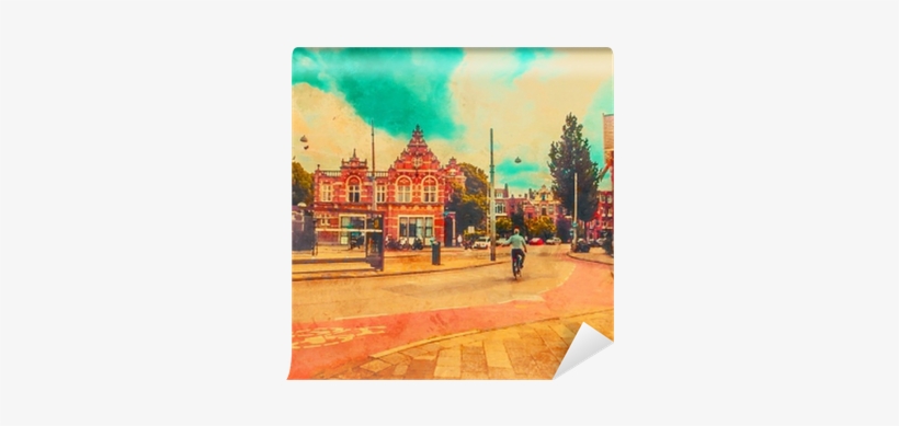 The Cyclist Rides In The Center Of Amsterdam - Watercolor Painting, transparent png #393463