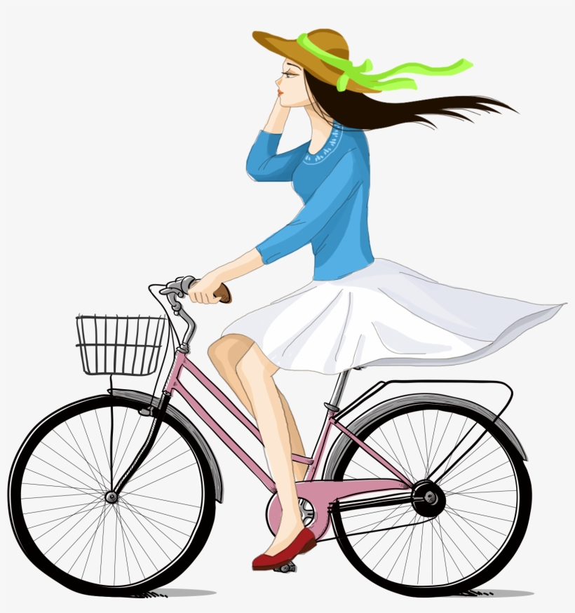 Hand Drawn Cartoon Girl Cycling Decoration Vector - Hybrid Bicycle, transparent png #393547