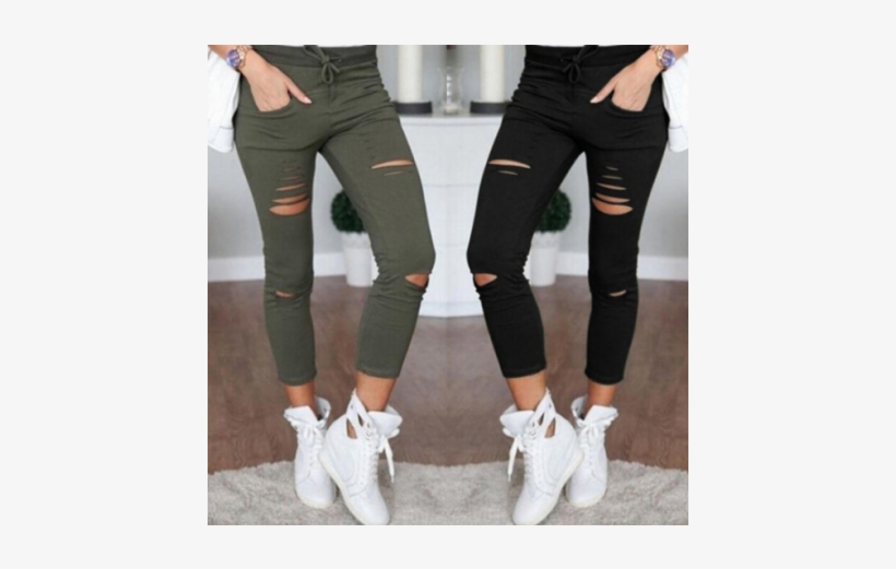 New 2016 Skinny Jeans Women Denim Pants Holes Destroyed - Jeans Negro Mujer Stretch, transparent png #3919929