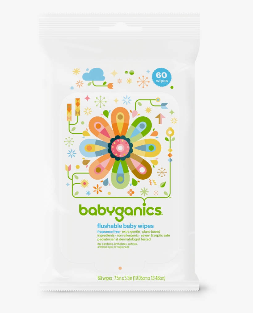 Flushablewipes60ct Ff Front - Babyganics Flushable Wipes 60.0 Ea(pack Of 5), transparent png #3936208