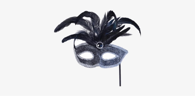 Silver Masquerade Mask Png Download - Black Mask/silver Trim + Feathers On Stick, transparent png #3948580