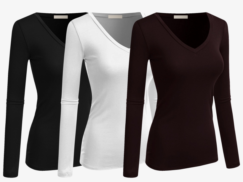 Women & Juniors Basic Solid Plain V-neck Long Sleeve - Top, transparent png #3955998