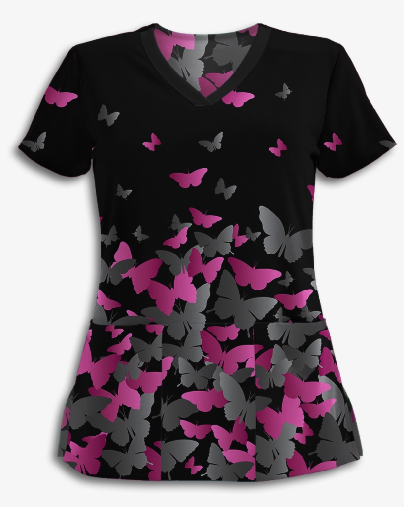 Pink Flying Butterflies Athletic Scrub Top - Blouse, transparent png #3960964