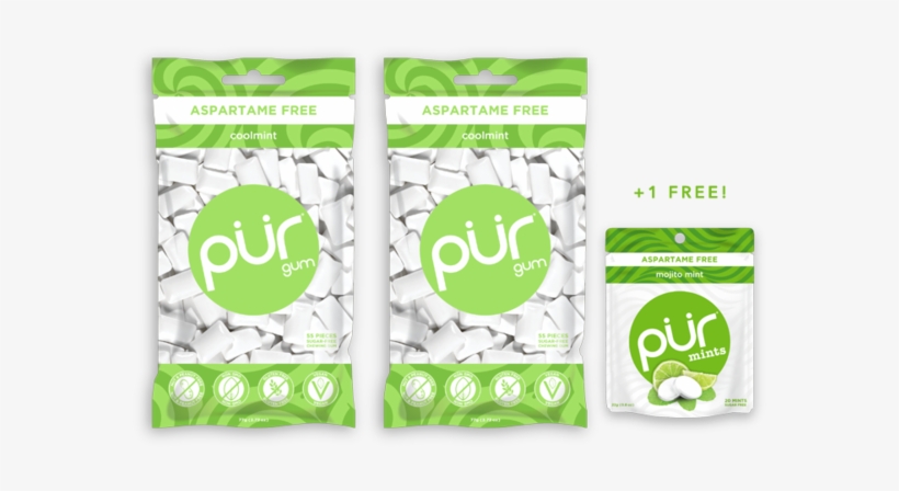 Buy 2 Gum Bags, Get 1 Mint Pouch Free - Pur - Aspartame Free Chewing Gum Bubble Gum - 55 Pieces, transparent png #3963375