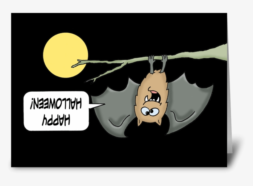Halloween Card With Cute Bat Upsidedown Greeting Card - Halloween Card With A Cute Cartoon Bat Hanging From, transparent png #3976409