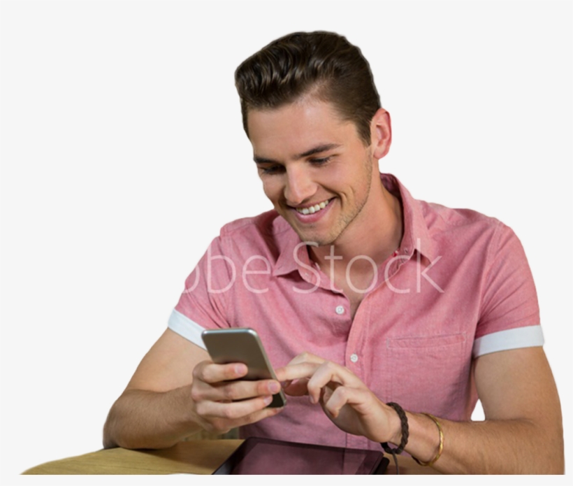 Smiling Man Using Smart Phone At Table In Coffee Shop - Sitting, transparent png #3978617